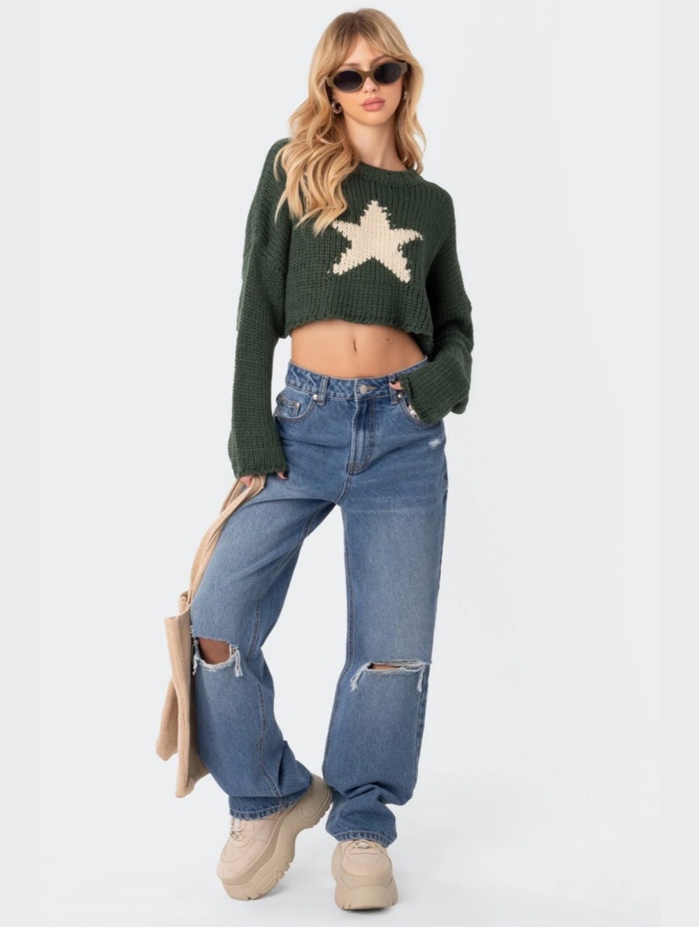 Edikted Mega Star Cropped Sweater Green Chunky Knit White Star Y2K Womens XS/S